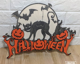 Scared Cat / Spooked Kitty Halloween Wood Sign, Decoration