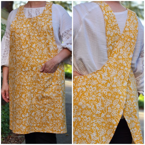 White Flowers on Yellow Cross Back Slip-On Apron