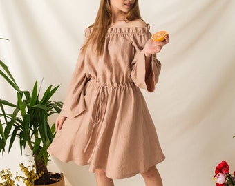 Schulterfreies Kleid, Boho-Kleid, Leinen-Sonnenkleid, lockeres Leinenkleid, Slow-Fashion-Kleid, Flachskleidung