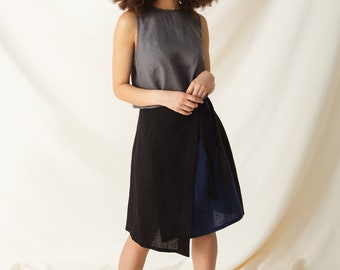 Everyday asymmetric linen skirt, Linen wrap skirt in two colors, High waisted linen skirt