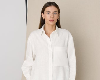 Oversize Button Up Leinenhemd, Relaxed Fit Hemd, Kragenhemd Frauen