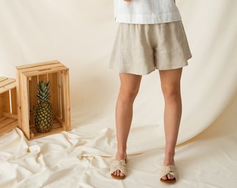 Elastic waist linen shorts women, High waisted linen shorts, Natural linen beach shorts