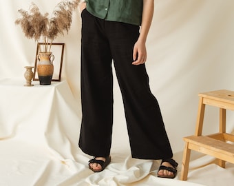 Pantalon taille haute en lin, pantalon à jambes larges, pantalon en lin confortable de tous les jours, pantalon taille élastique