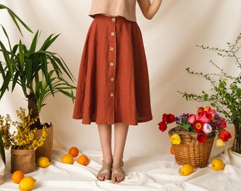 A-line button down skirt, High waisted linen midi skirt, Retro skirt