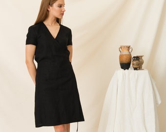 Short sleeve linen wrap dress, Little black dress, Linen office dress