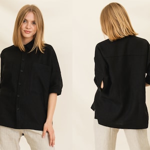 Oversized Linen Collar Shirt for Women: Relaxed Fit Short Sleeve Button-Down Blouse