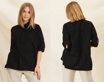 Oversized linen shirt, Collar shirt for women, Relaxed fit short sleeves shirt