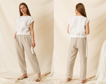 Linen pantsuit, Linen two piece set, Everyday linen top and pants outfit