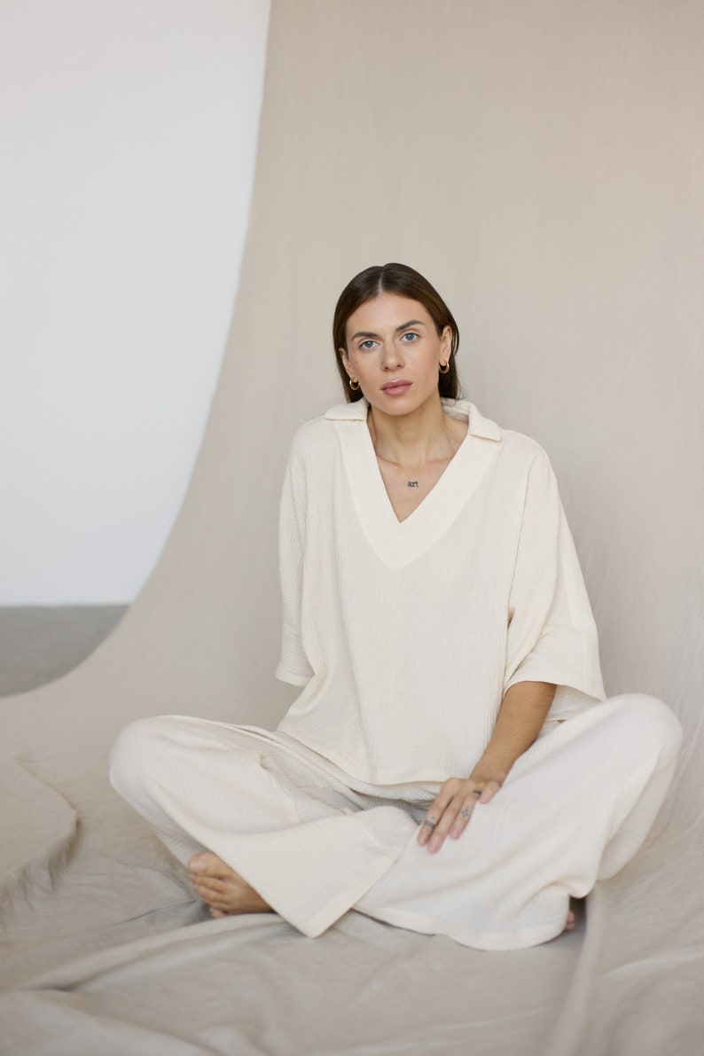 Two piece meditation set from muslin, Oversize blouse Wide leg pants image 1