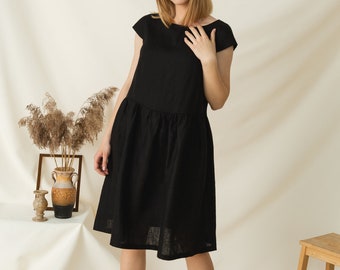 Loose linen dress, Midi dress with pockets, Little black dress, Short sleeve dress,