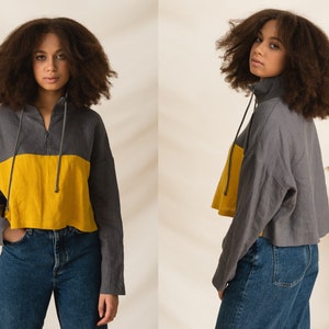 Multicolor Linen Cropped Sweater: Oversized Half-Zip Jumper