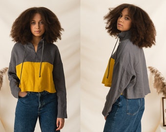 Multicolor Linen Cropped Sweater: Oversized Half-Zip Jumper