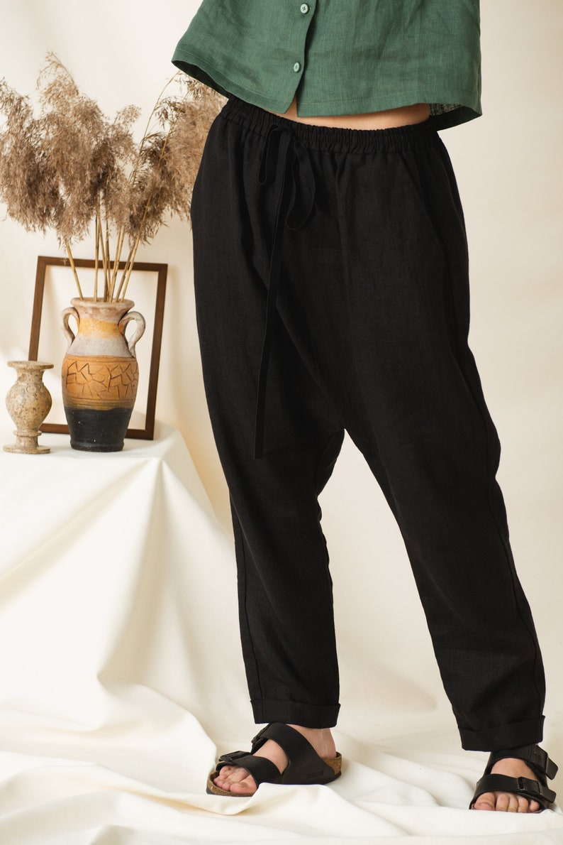 Linen drop crotch pants, Comfortable baggy linen pants, Linen pants with pockets image 2