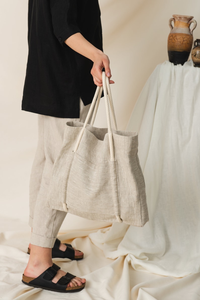 Natural linen shoulder bag, Everyday linen eco bag, Linen tote bag image 4