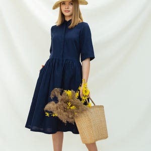 Elegant Linen Button-Down Midi Dress with Pockets