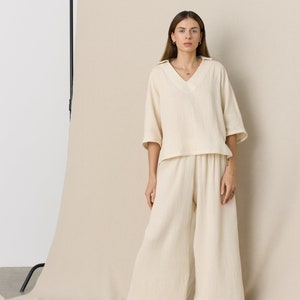 Two piece meditation set from muslin, Oversize blouse Wide leg pants image 4