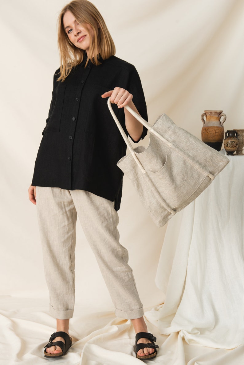 Natural linen shoulder bag, Everyday linen eco bag, Linen tote bag image 2