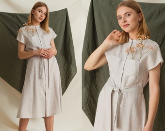 Linen Maxi Dress, Slow Fashion Dress, Belted Dress, Flax Clothing, Work From Home