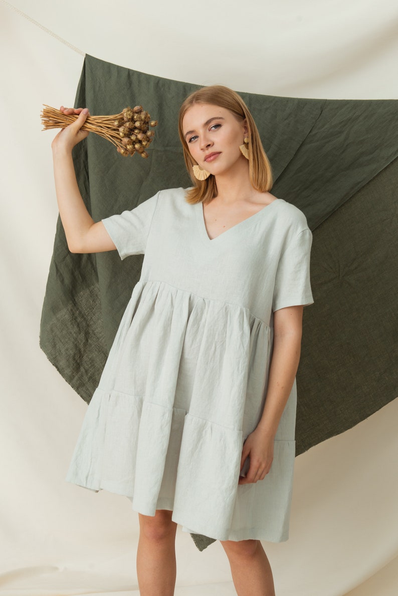 Tiered dress, Loose fitting dress, Linen flowy dress, Oversized dress, Plus size linen dress image 3