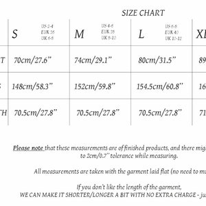 May include: Size chart for a skirt with measurements in inches and centimeters. The chart shows waist, hips, and length measurements for sizes S, M, L, XL, and XXL.