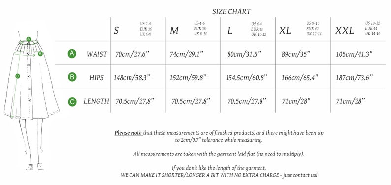 May include: Size chart for a skirt with measurements in inches and centimeters. The chart shows waist, hips, and length measurements for sizes S, M, L, XL, and XXL.