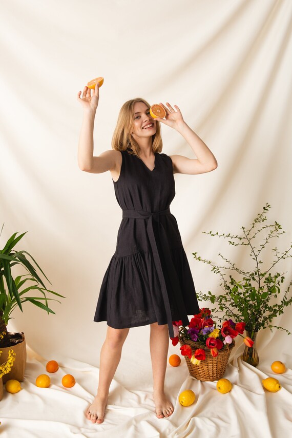 Linen Midi Dress with Belt