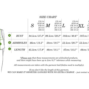 May include: Size chart for a sleeveless top with measurements in inches and centimeters for bust, armholes, and length. Sizes range from S to XL.