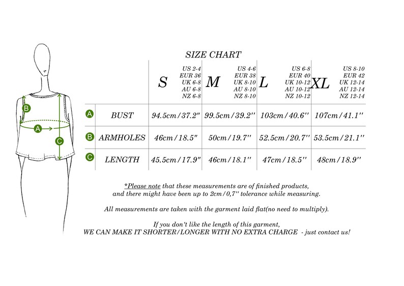 May include: Size chart for a sleeveless top with measurements in inches and centimeters for bust, armholes, and length. Sizes range from S to XL.