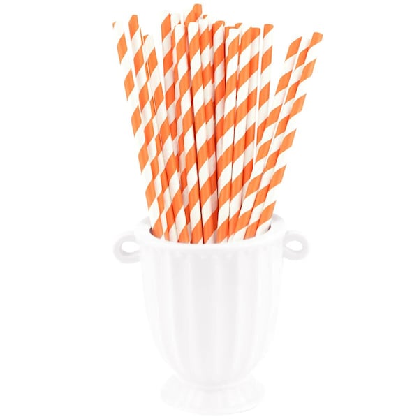 50 Orange Striped Paper Straws - Cocktail Straws -Drinking Straw - Biodegradable -  Pack of 50 Paper Straws