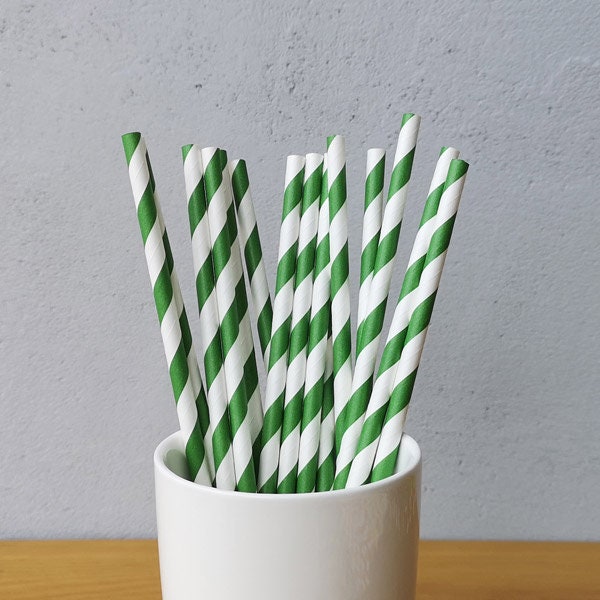 Green Stripe Paper Straw - 25 Pcs - Paper Straws - Drinking Straw - Vintage  - Green Paper Straw -  Biodegradable Straw - Cocktail Straw