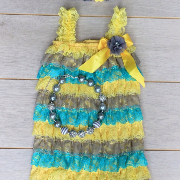 SALE Yellow, Grey & Teal 4 Piece Cake Smash Outfit, Baby, Girl, First Birthday, Petti Lace Romper, Headband, Flower Clip, Bubblegum Necklace