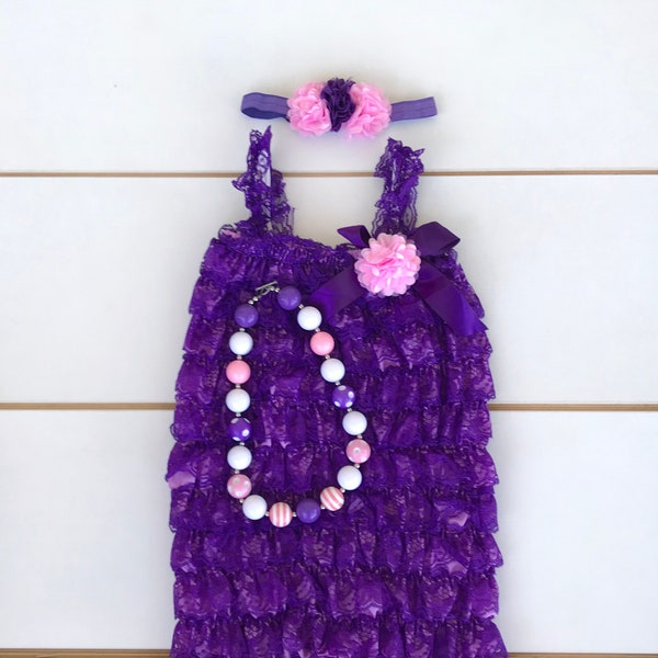 SALE! Purple & Light Pink 4 Piece Cake Smash Outfit, Baby, Girl, First Birthday, Petti Lace Romper, Headband, Flower Clip Bubblegum Necklace