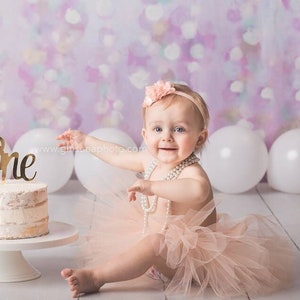Smiling happy baby toddler girl in first birthday party with pink cake  outdoor. Dressed with princess tiara, pearl necklace, tutu for anniversary  Stock Photo | Adobe Stock