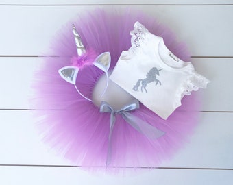 SALE! Lilac & Silver Unicorn 3 Piece Cake Smash Outfit, Baby, Girl, First Birthday, Unicorn Headband, Tutu, Bodysuit, Smash Cake