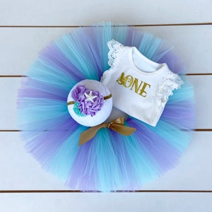 Mermaid 3 Piece Cake Smash Outfit, Baby, Girl, First Birthday, Headband, Tutu, Bodysuit, Gold, Mint & Lavender