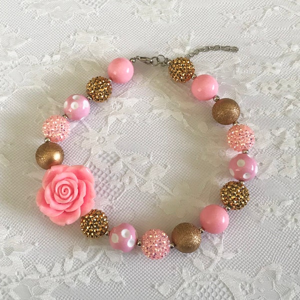 Pink & Gold Plastic Bubblegum Necklace, Chunky Bead, Baby, Toddler, Child, Kids, Birthday, Cake Smash, Gumball, Jewellery