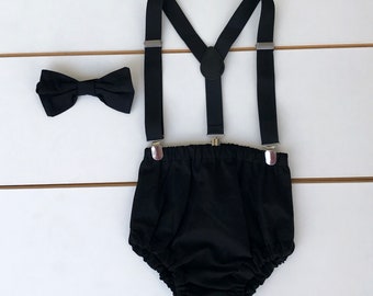 Black 3 Piece Cake Smash Outfit, Baby Boy, First Birthday, Bow Tie, Suspenders, Nappy Cover, Smash Cake