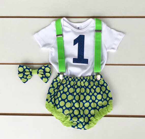 SALE! Piece Polka Dot Print Cake Smash Outfit, Baby Boy, First Birthday,  Navy Blue, Lime Green, Bow Tie, Suspenders, Nappy Cover, Bodysuit