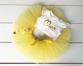 Yellow 3 Piece Cake Smash Outfit, Baby, Girl, First Birthday, Floral Headband, Tutu, Bodysuit, Smash Cake, Gold