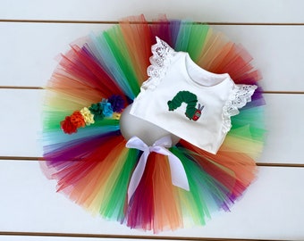 Rainbow Caterpillar 3 Piece Cake Smash Outfit, Baby, Girl, First Birthday, Floral Headband, Tutu, Bodysuit, 1st Birthday, Smash Cake
