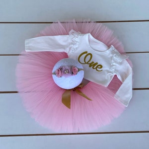 Pink & Gold 3 Piece Cake Smash Outfit, Baby, Girl, First Birthday, Floral Headband, Tutu, Bodysuit, Smash Cake