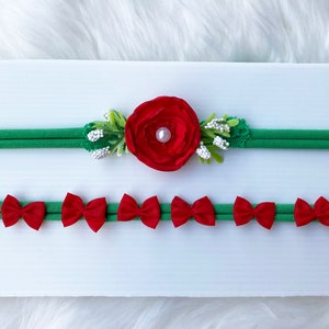 Stunning Set of 2 Christmas Stretch Tiebacks, Newborn Photo Shoot Prop, Photography, Headband, Tieback, Tie Back, Red, Green, Xmas, Bow
