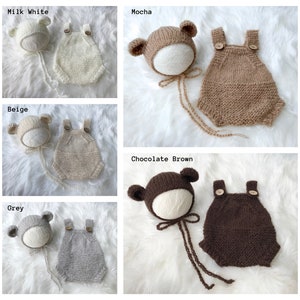 Newborn Knitted Bear Bonnet & Romper Sets, Photography Photo Shoot Prop, Boy, Girl, Overalls, Hat, Overalls, Teddy Bear