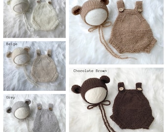 Newborn Knitted Bear Bonnet & Romper Sets, Photography Photo Shoot Prop, Boy, Girl, Overalls, Hat, Overalls, Teddy Bear