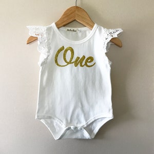 Flutter Sleeve Bodysuit, Baby, Girl, First Birthday, Romper, Cake Smash, Smash Cake, Gold One