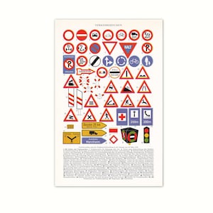 Segnaletica stradale 1956 | Immagine originale dal vecchio dizionario del 1956 | Pagina del libro dell'enciclopedia di 65 anni | Segnali stradali