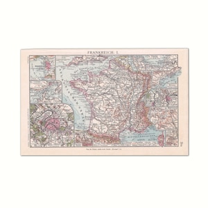 Frankreich Landkarte 1923 | Original Bilddruck aus altem Lexikon von 1923 | 100 Jahre alte Enzyklopädie Buchseite | Original Buntdruck