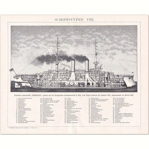 Schiffstypen 1903, Panzerschiffe | Originale Lithografie aus altem Lexikon von 1903 | 120 Jahre alte Enzyklopädie Buchseite