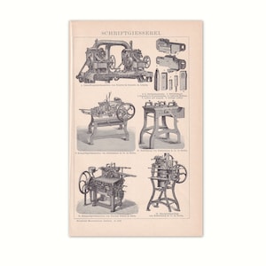 May include: A black and white illustration of various types of letterpress machines. The image shows different models of machines used for printing letters and other characters.