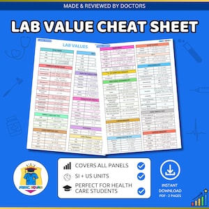 May include: A blue and white "LAB VALUE CHEAT SHEET" with medical information, including vital signs and blood counts. The sheet is labeled "MADE & REVIEWED BY DOCTORS" and includes the text "COVERS ALL PANELS" and "SI + US UNITS".